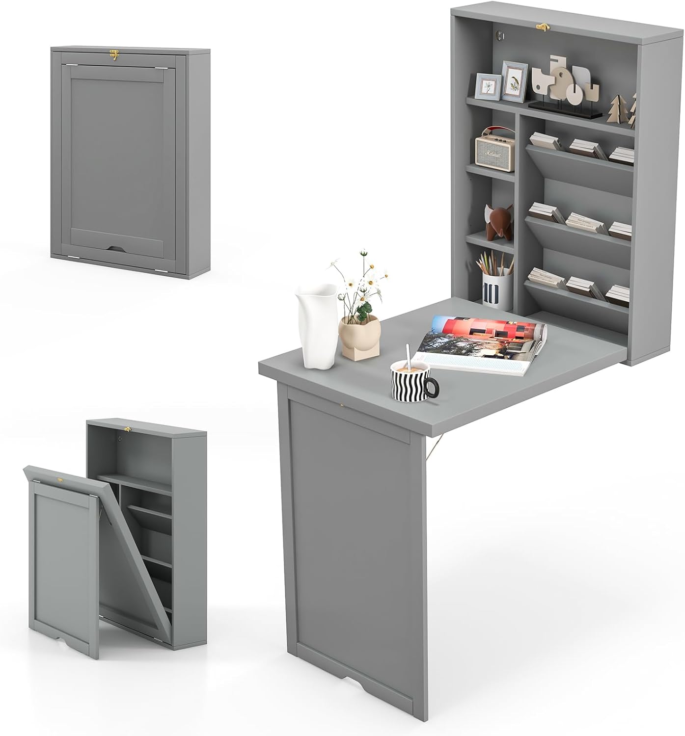 Tangkula Foldable Wall Mounted Desk, Floating Desk with Storage Shelves & Hooks, Space-Saving Fold-Up Murphy Desk for Small Spaces, Home Office, Dorm Room